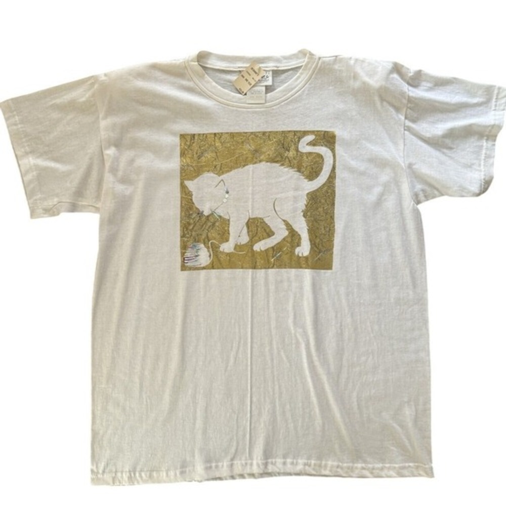 NWT Vintage Cat T Shirt Men's XL One Size Fits All‎ Scribbles White Gold Foil